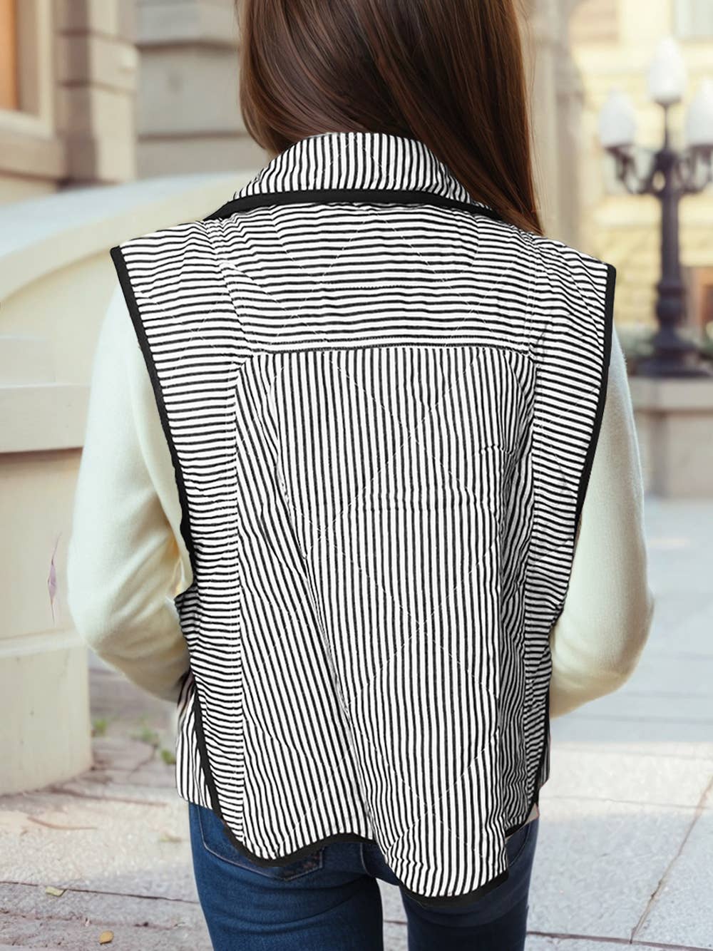 Striped Snap Button Scalloped Hem Winter Vest