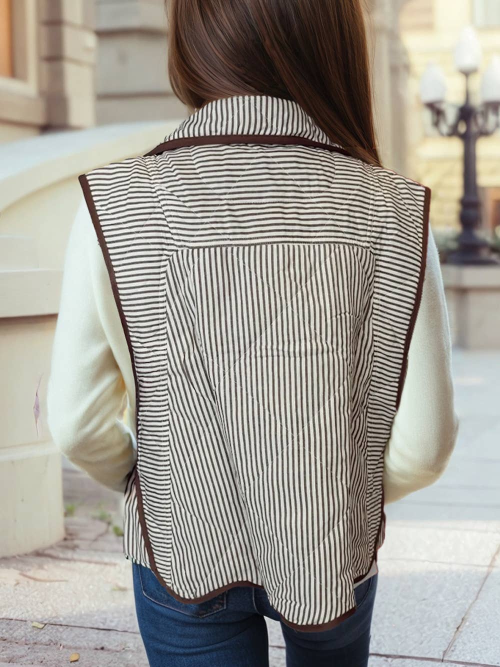 Striped Snap Button Scalloped Hem Winter Vest