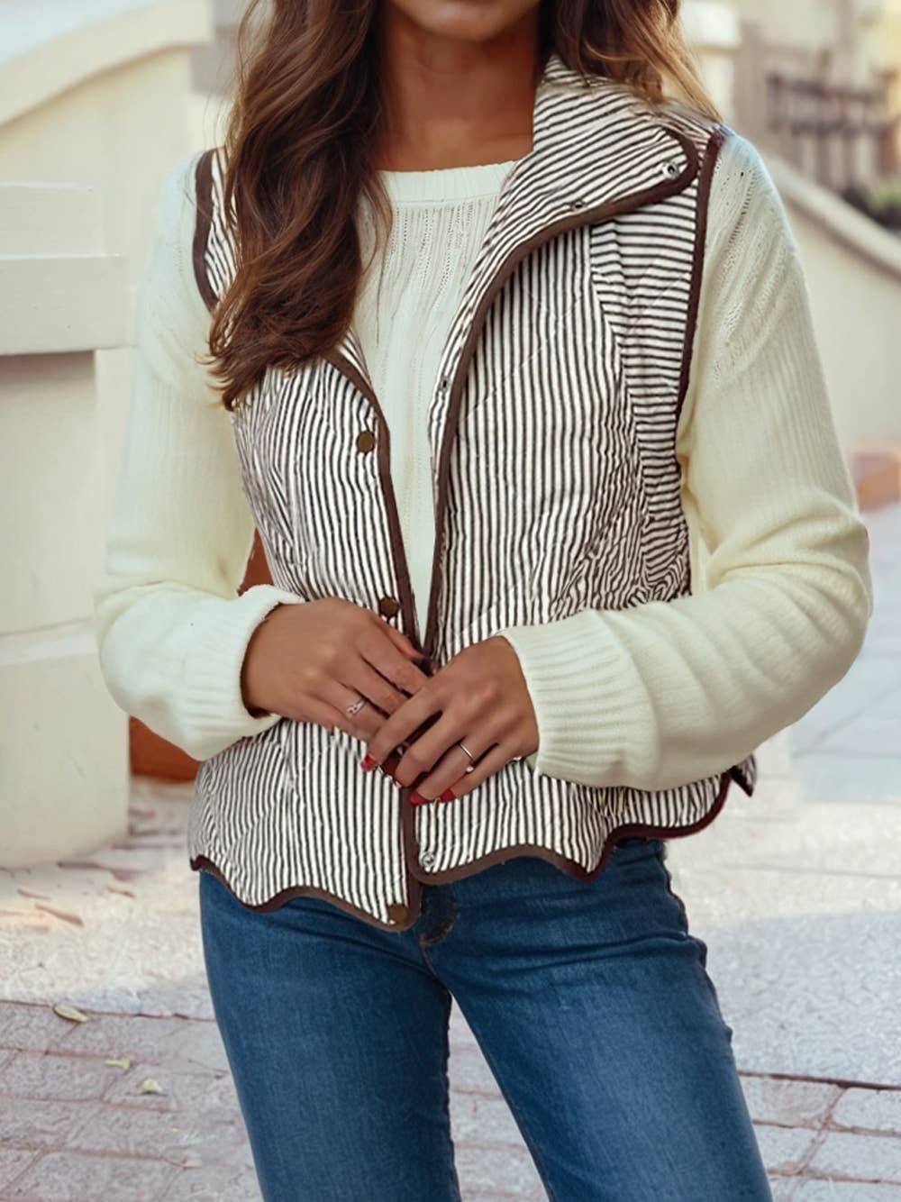 Striped Snap Button Scalloped Hem Winter Vest